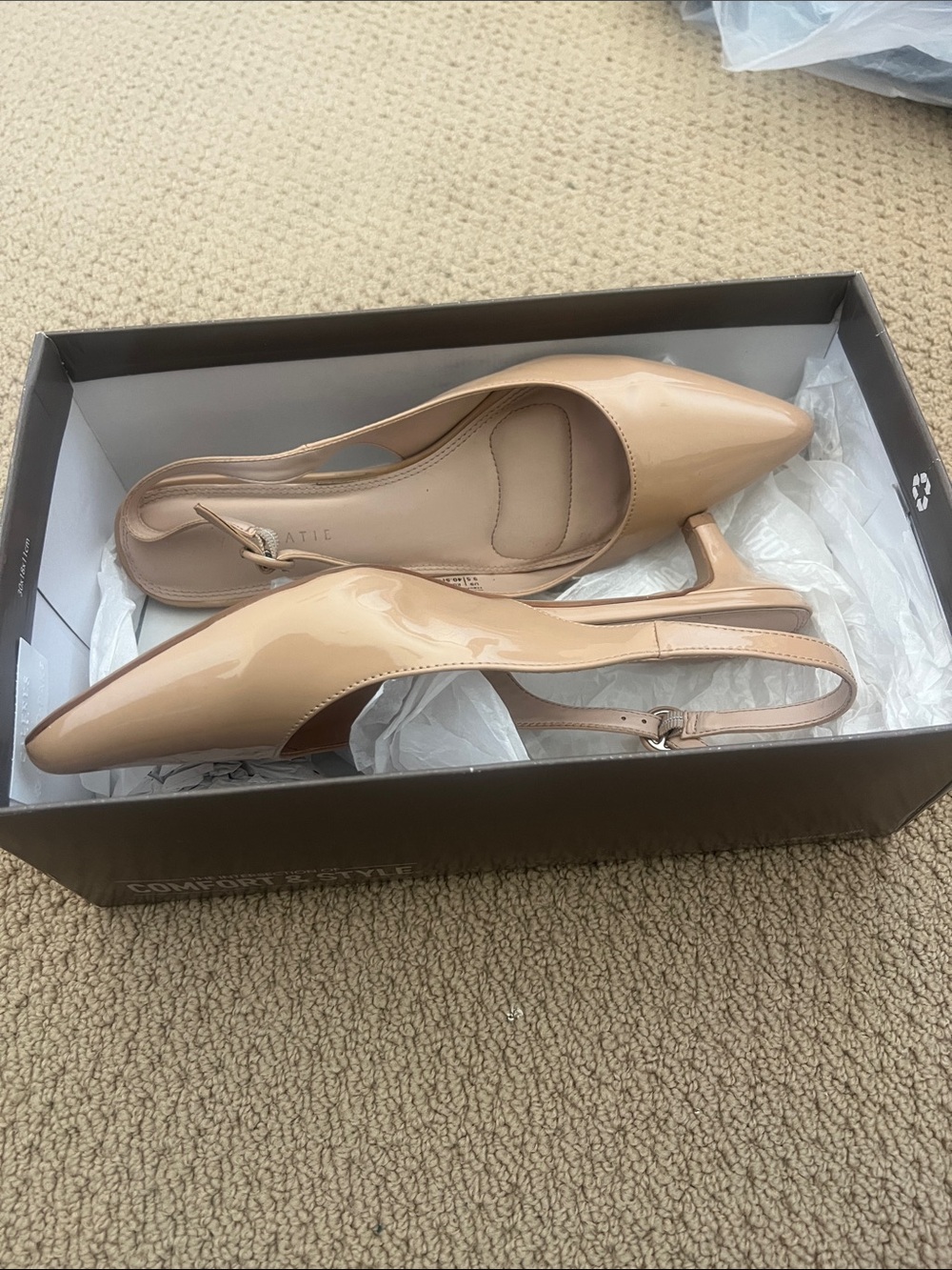 Kelly & Katie Beige Patent Pointed-Toe Slingback Pumps